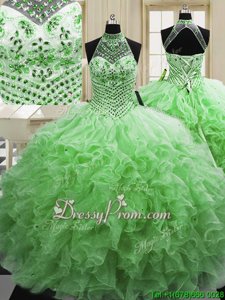Custom Made Spring Green Sleeveless Beading and Ruffles Floor Length Quinceanera Dress