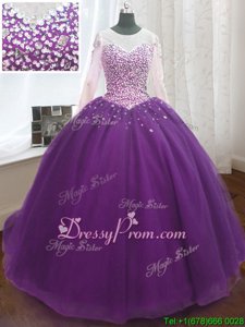 Wonderful Scoop Long Sleeves Organza Quinceanera Gown Beading and Sequins Sweep Train Lace Up