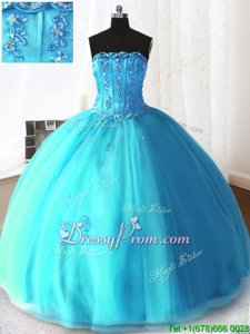 Tulle Strapless Sleeveless Lace Up Beading and Appliques Vestidos de Quinceanera inBaby Blue