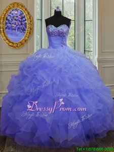 Noble Purple Lace Up Quince Ball Gowns Beading and Ruffles Sleeveless Floor Length