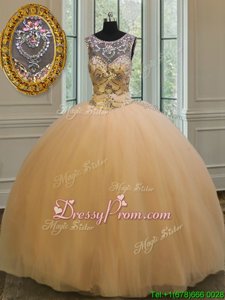 New Style Sleeveless Floor Length Beading and Appliques Backless Quinceanera Dresses with Gold