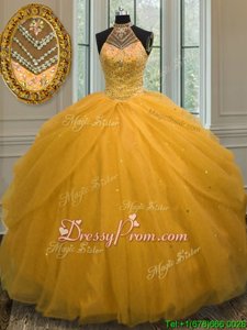 Custom Made Sleeveless Floor Length Beading Lace Up Quinceanera Dress with Gold