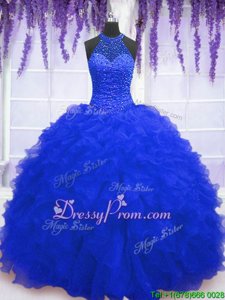 Customized Royal Blue Organza Lace Up High-neck Sleeveless Floor Length Sweet 16 Quinceanera Dress Beading and Ruffles and Sequins