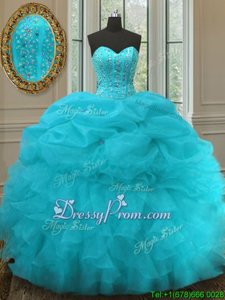 Sweet Floor Length Lace Up Ball Gown Prom Dress Aqua Blue and In forMilitary Ball and Sweet 16 and Quinceanera withBeading and Ruffles and Pick Ups