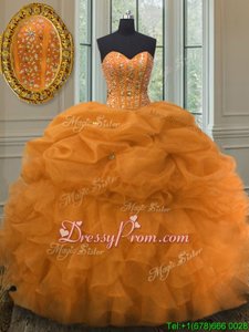 Orange Lace Up Quinceanera Gowns Beading and Ruffles and Pick Ups Sleeveless Floor Length