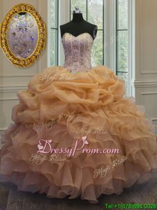 Noble Ball Gowns Quinceanera Dresses Gold Sweetheart Organza Sleeveless Floor Length Lace Up