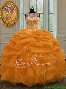 High Quality Floor Length Gold Sweet 16 Dress Organza Sleeveless Spring and Summer and Fall and Winter Beading and Pick Ups