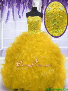 Dramatic Strapless Sleeveless Organza Quinceanera Gowns Beading and Ruffles Brush Train Lace Up