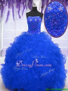 Royal Blue Ball Gowns Organza Strapless Sleeveless Beading and Ruffles With Train Lace Up Vestidos de Quinceanera Brush Train