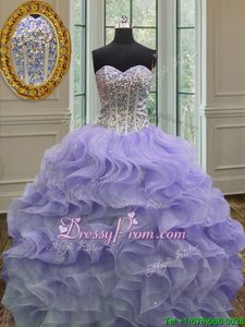 Dynamic Lavender Ball Gowns Sweetheart Sleeveless Organza Floor Length Lace Up Beading and Ruffles 15th Birthday Dress