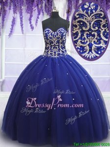 Sumptuous Royal Blue Ball Gowns Tulle Sweetheart Sleeveless Beading Floor Length Lace Up Quinceanera Dress