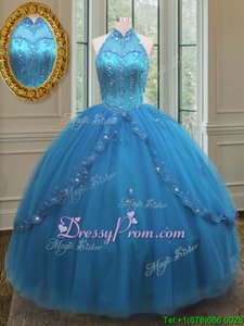 Superior Floor Length Ball Gowns Sleeveless Blue Quinceanera Gown Lace Up