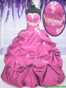 Clearance Rose Pink Ball Gowns Taffeta Strapless Sleeveless Appliques and Pick Ups Floor Length Lace Up Quinceanera Gowns