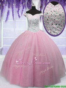 Latest Baby Pink Lace Up Quinceanera Dresses Beading Short Sleeves Floor Length