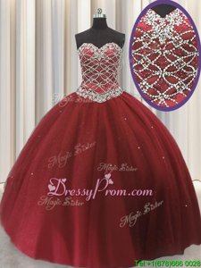 Fantastic Red Tulle Lace Up 15 Quinceanera Dress Sleeveless Floor Length Beading and Sequins