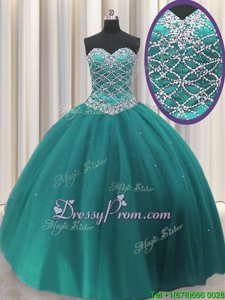 Fine Teal Sleeveless Floor Length Beading and Sequins Lace Up 15th Birthday Dress