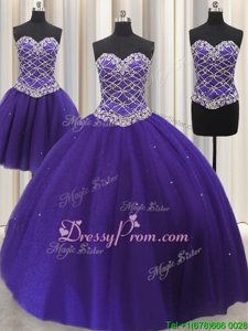 Customized Purple Sleeveless Floor Length Beading and Sequins Lace Up Sweet 16 Dress