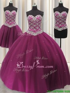 Fuchsia Sleeveless Tulle Lace Up Sweet 16 Dresses forMilitary Ball and Sweet 16 and Quinceanera