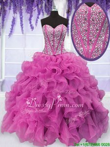 Affordable Hot Pink Sleeveless Organza Lace Up 15 Quinceanera Dress forMilitary Ball and Sweet 16 and Quinceanera