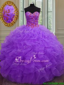 Elegant Purple Lace Up Sweetheart Beading and Ruffles Quinceanera Dresses Organza Sleeveless