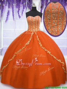 Fancy Orange Ball Gowns Sweetheart Sleeveless Tulle Floor Length Lace Up Beading Vestidos de Quinceanera
