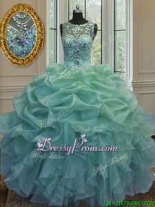 Designer Green Organza Lace Up Scoop Sleeveless Floor Length Sweet 16 Dress Beading and Ruffles and Pick Ups