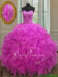 Elegant Fuchsia Ball Gowns Organza Sweetheart Sleeveless Beading and Ruffles Floor Length Lace Up Quinceanera Dress