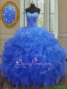 Fabulous Blue Sleeveless Organza Lace Up Sweet 16 Dress forMilitary Ball and Sweet 16 and Quinceanera
