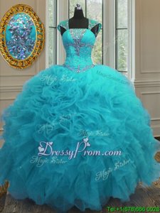Gorgeous Floor Length Aqua Blue 15 Quinceanera Dress Organza Cap Sleeves Spring and Summer and Fall and Winter Beading and Ruffles and Sequins
