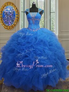 Charming Cap Sleeves Floor Length Beading and Ruffles and Sequins Lace Up Quinceanera Gown with Royal Blue