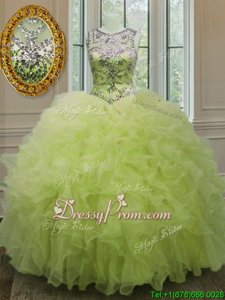 On Sale Yellow Green Sleeveless Floor Length Beading and Ruffles Lace Up Vestidos de Quinceanera
