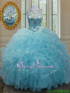Scoop Sleeveless Ball Gown Prom Dress Floor Length Beading and Ruffles Aqua Blue Organza