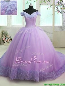 Delicate With Train Ball Gowns Short Sleeves Lilac Sweet 16 Dresses Court Train Lace Up