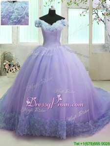 Affordable Short Sleeves Court Train Lace Up With Train Hand Made Flower 15th Birthday Dress