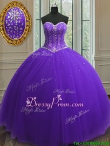 High Class Purple Sleeveless Beading and Sequins Floor Length Quinceanera Gowns