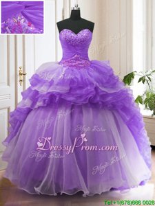 New Style Sweetheart Sleeveless Quinceanera Gowns With Train Sweep Train Beading and Ruffled Layers Lavender Organza