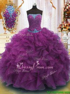 Elegant Organza Strapless Sleeveless Lace Up Beading and Ruffles Ball Gown Prom Dress inPurple