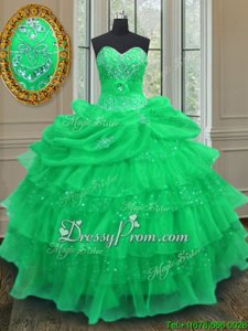 Top Selling Green Ball Gowns Halter Top Sleeveless Organza Floor Length Lace Up Beading and Ruffled Layers and Pick Ups Ball Gown Prom Dress