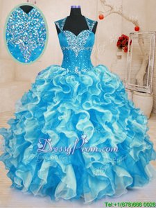 Cheap Aqua Blue Organza Lace Up Sweetheart Sleeveless Floor Length Quinceanera Gowns Beading and Ruffles
