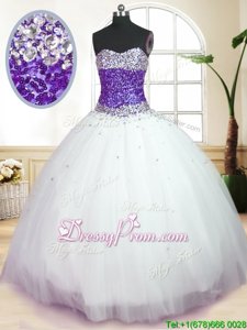 Great White And Purple Sleeveless Tulle Lace Up Vestidos de Quinceanera forMilitary Ball and Sweet 16 and Quinceanera
