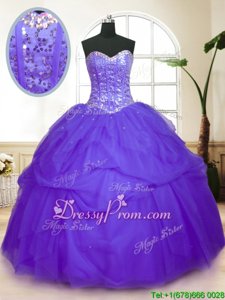Purple Tulle Lace Up Sweetheart Sleeveless Floor Length 15 Quinceanera Dress Sequins and Pick Ups