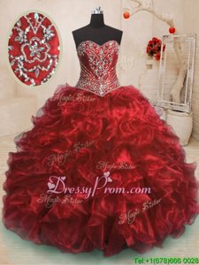 Excellent Sweetheart Sleeveless Quinceanera Dresses With Train Sweep Train Beading and Ruffles Wine Red Organza