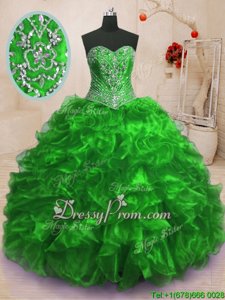 Custom Made Spring Green Sleeveless Sweep Train Beading and Ruffles With Train Quinceanera Dress