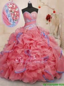 Fashionable Beading and Ruffles Sweet 16 Dresses Coral Red Lace Up Sleeveless With Brush Train