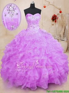 Fashionable Beading and Ruffles 15th Birthday Dress Lilac Lace Up Sleeveless Floor Length