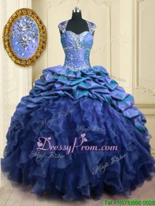 Graceful Cap Sleeves With Train Beading and Ruffles and Pick Ups Lace Up Quinceanera Dresses with Purple Brush Train