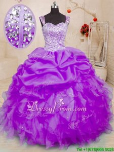 Purple Ball Gowns Straps Sleeveless Organza Floor Length Lace Up Beading and Ruffles and Pick Ups Quinceanera Gowns