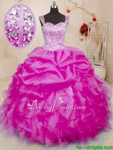 Fuchsia Sleeveless Beading and Ruffles and Pick Ups Floor Length Quinceanera Gown