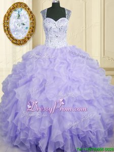 Superior Ball Gowns Vestidos de Quinceanera Lavender Straps Organza Sleeveless Floor Length Lace Up