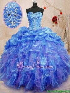 Super Blue Sweetheart Lace Up Beading and Ruffles Vestidos de Quinceanera Sleeveless